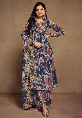 Blue Embroidered Chiffon Salwar Kameez With Dupatta