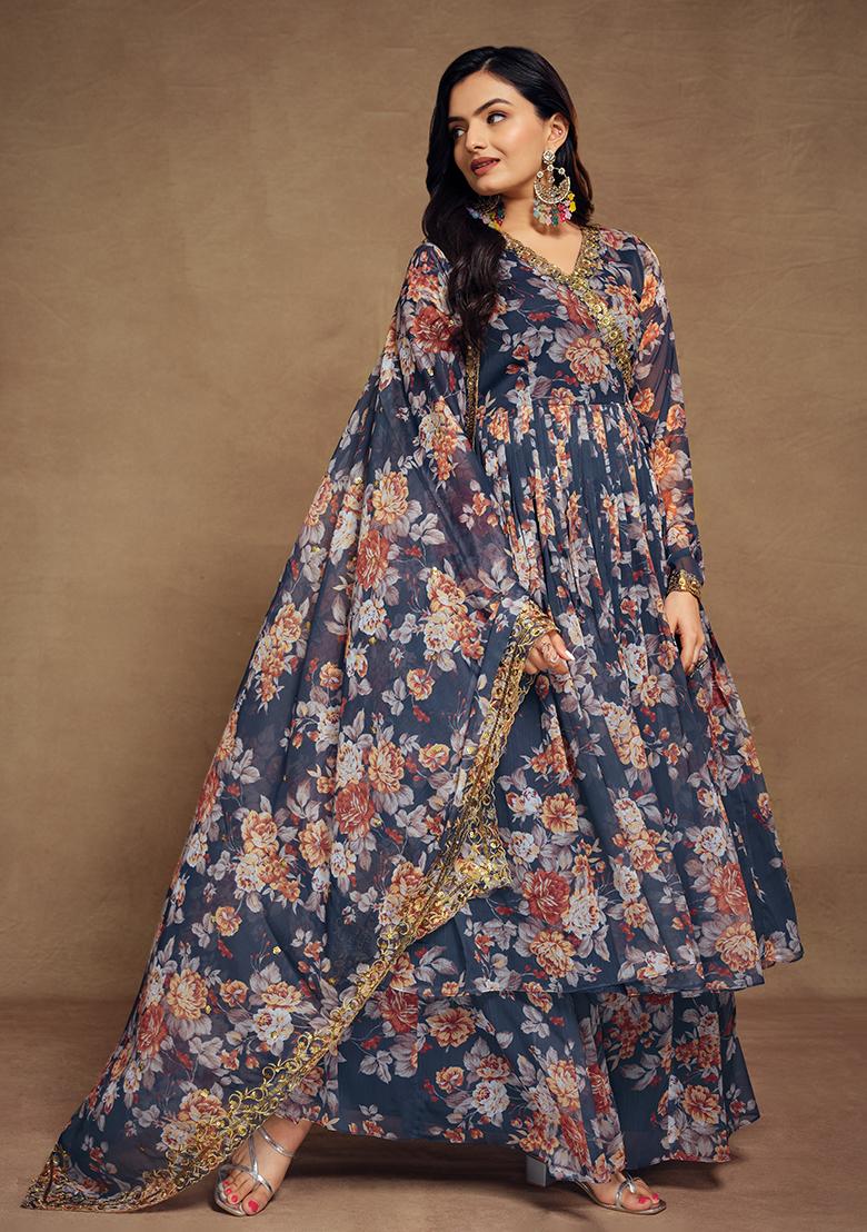 Blue Embroidered Chiffon Salwar Kameez With Dupatta - Indya