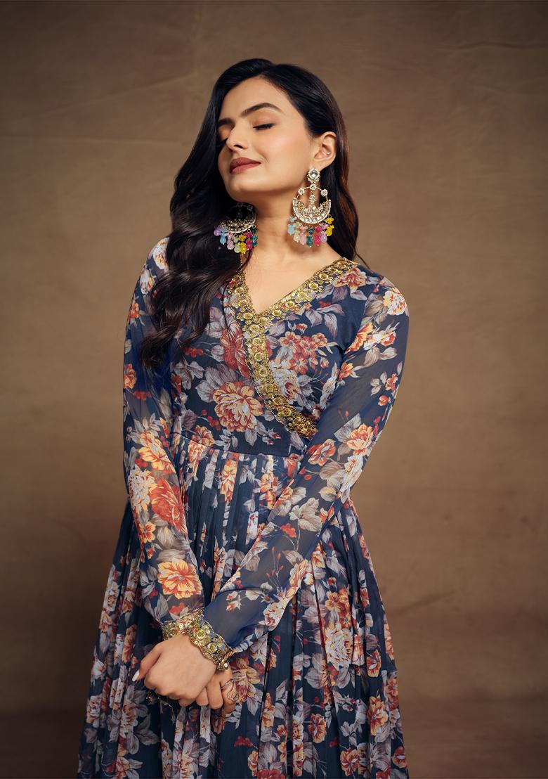 Blue Embroidered Chiffon Salwar Kameez With Dupatta - Indya