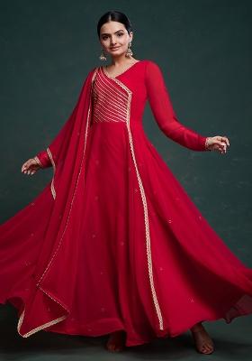 Pink Embroidered Georgette Gown With Dupatta
