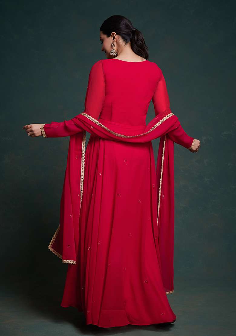 Pink Embroidered Georgette Anarkali Set - Indya
