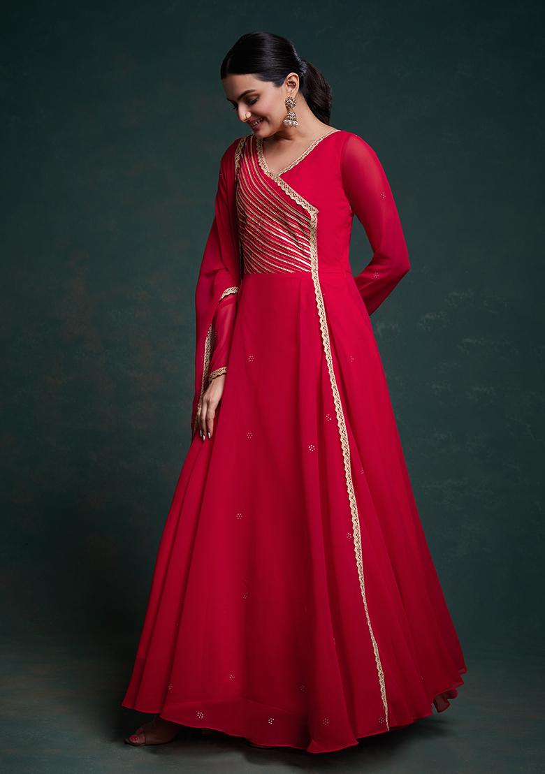 Pink Embroidered Georgette Gown With Dupatta - Indya