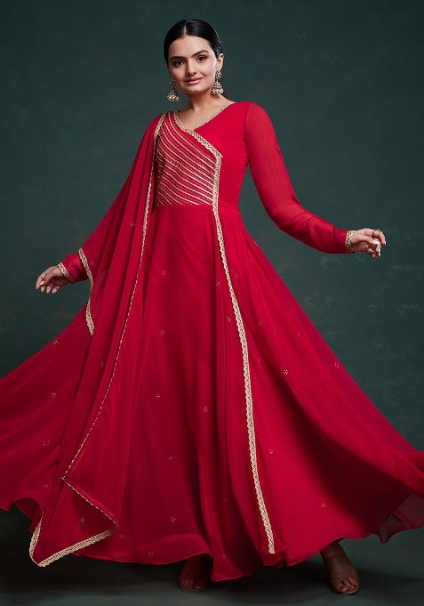 Pink Embroidered Georgette Gown With Dupatta