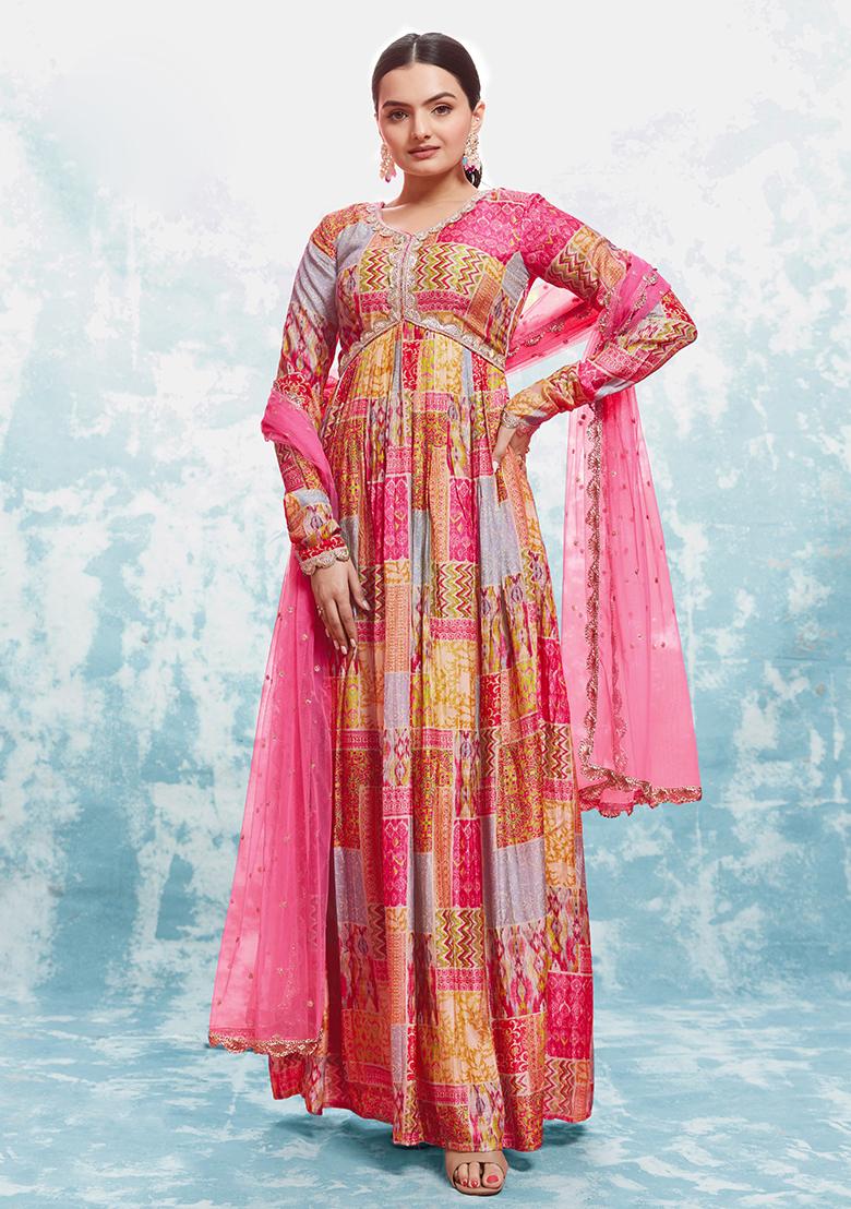 Multicolor Embroidered Cotton Gown With Dupatta