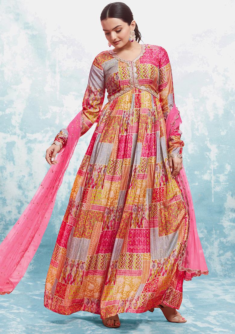 Multicolor Embroidered Cotton Gown With Dupatta