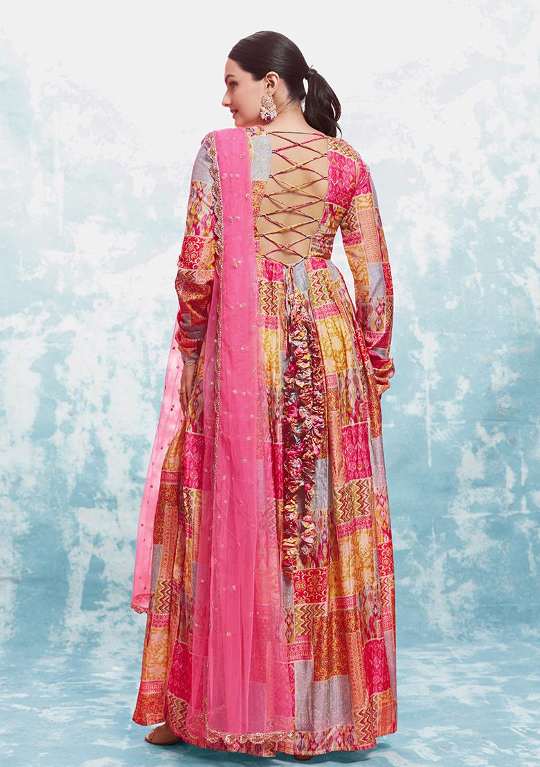 Multicolor Embroidered Cotton Gown With Dupatta