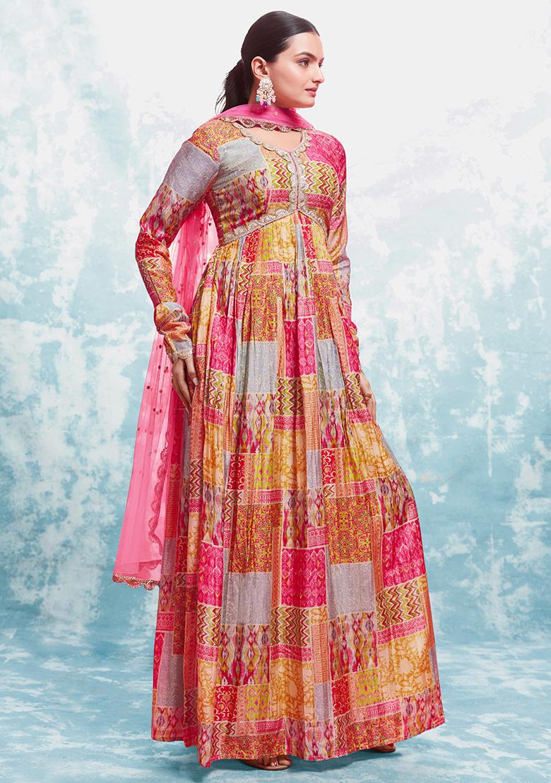 Multicolor Embroidered Cotton Gown With Dupatta