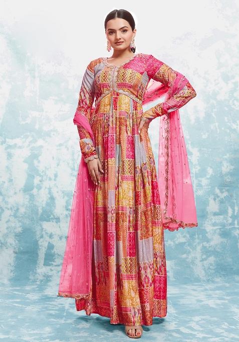 Multicolor Embroidered Cotton Gown With Dupatta