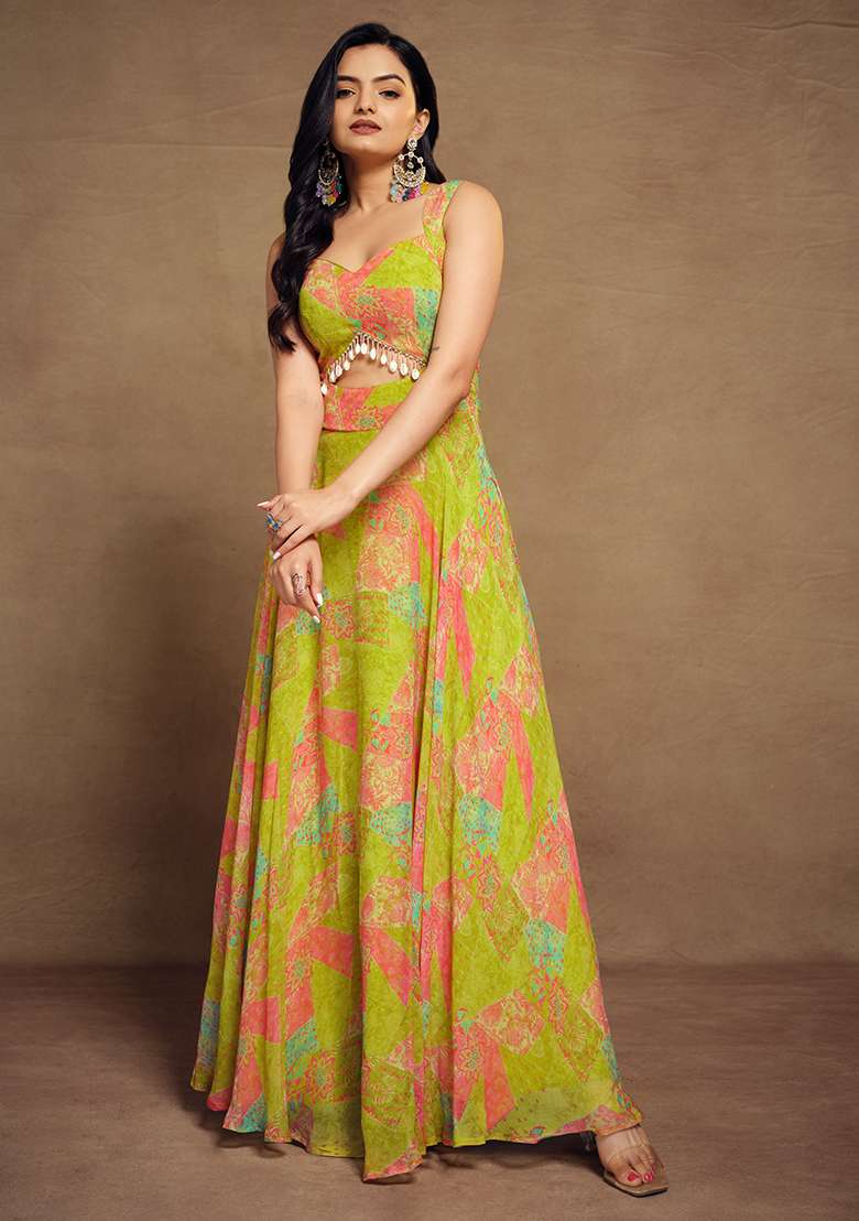 Green Printed Georgette Gown for Diwali and Festive Wear - Indya