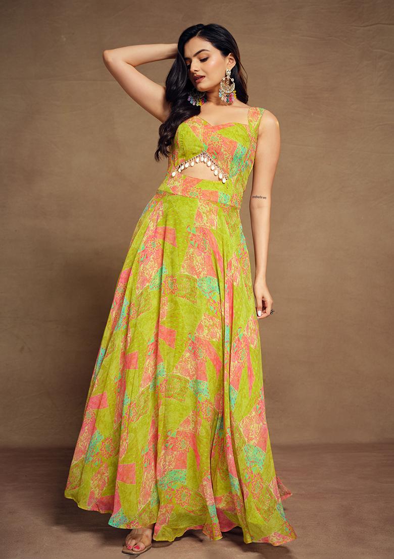 Green Embroidered Georgette Gown - Indya
