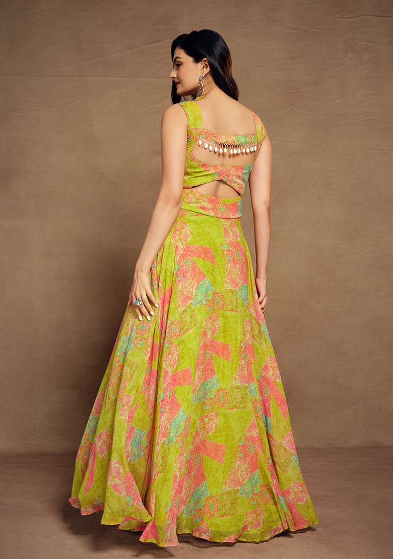Green Printed Georgette Gown for Diwali and Festive Wear - Indya