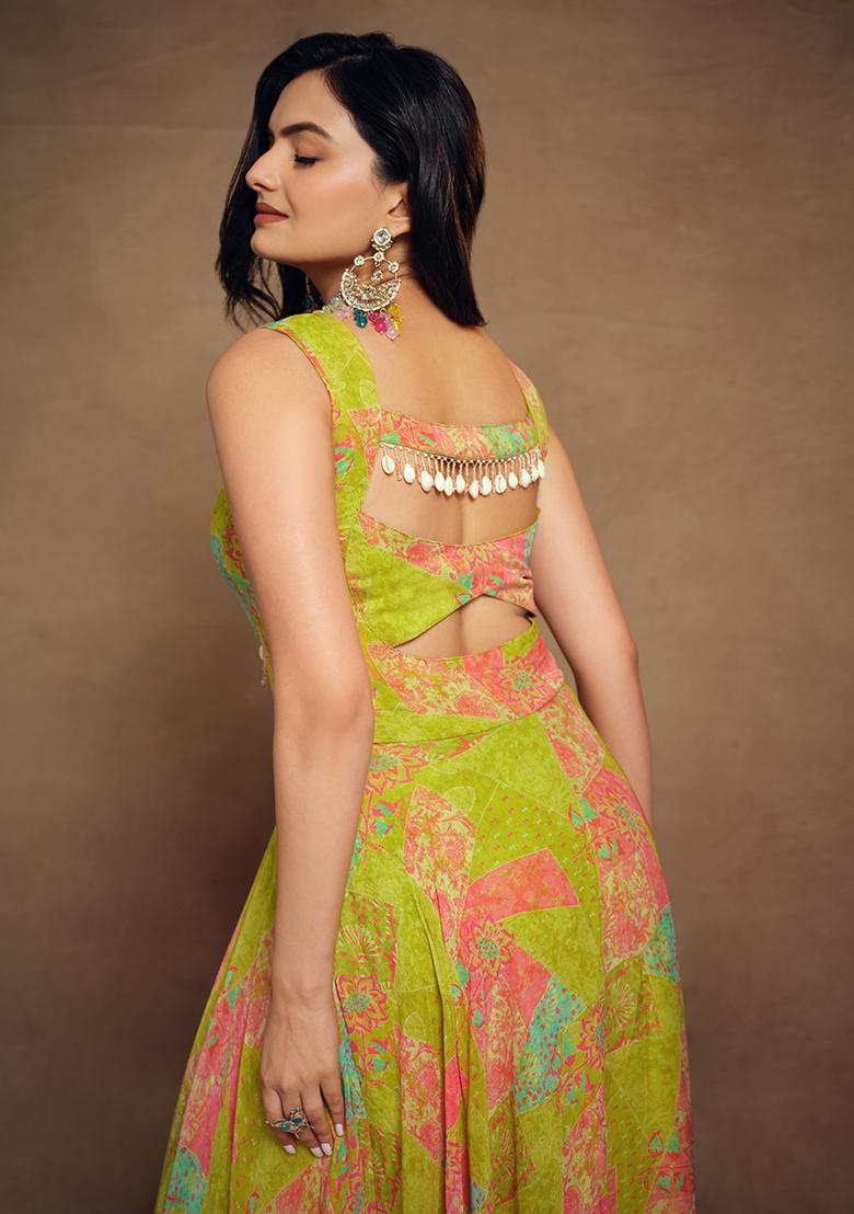 Green Embroidered Georgette Gown - Indya