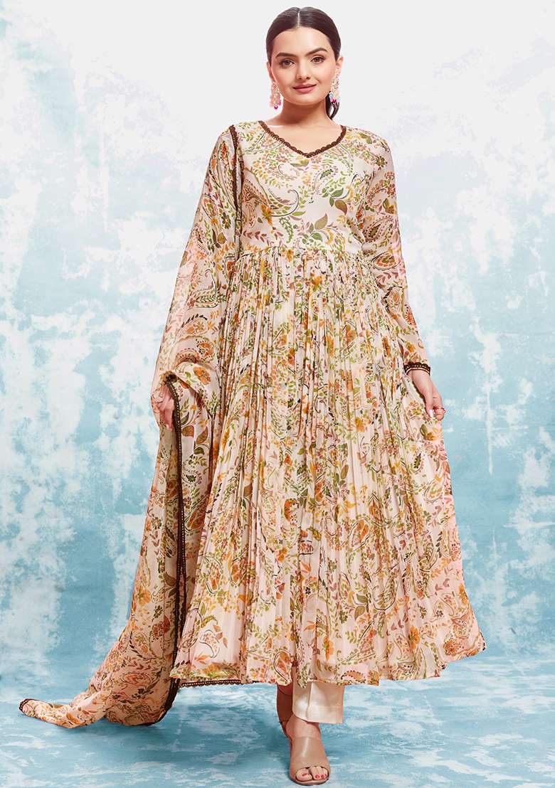 White Printed Chiffon Anarkali Set - Indya