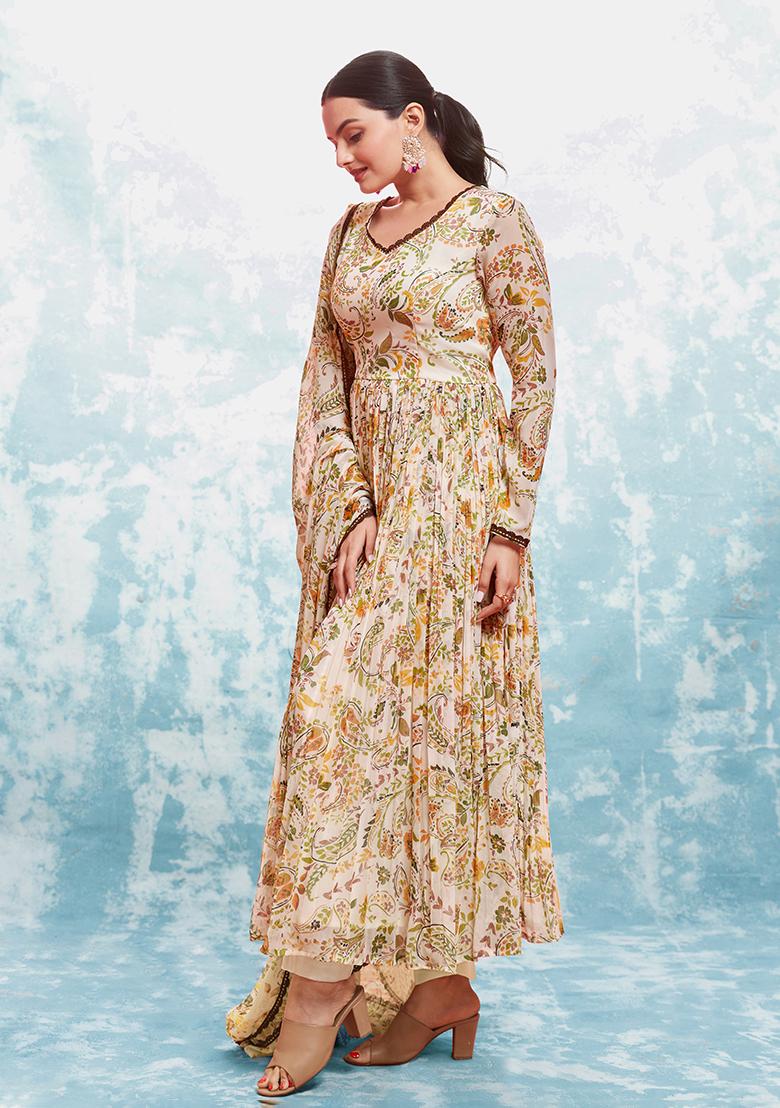 White Embroidered Chiffon Salwar Kameez With Dupatta - Indya