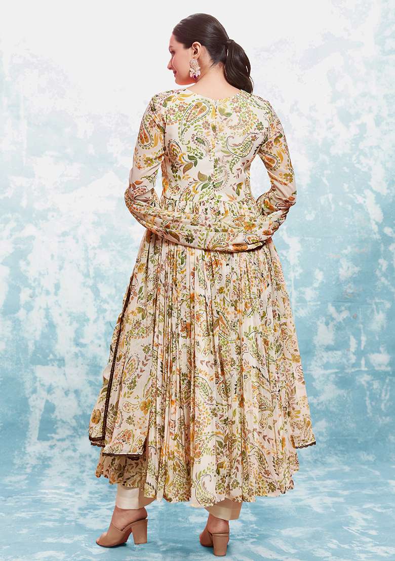 White Printed Chiffon Anarkali Set - Indya