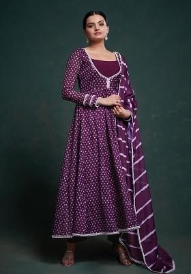 Wine Embroidered Crepe Salwar Kameez With Dupatta