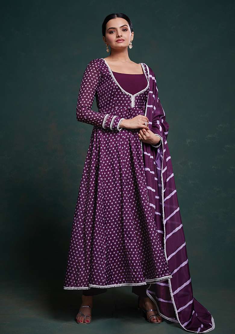 Wine Printed Crepe Anarkali Set - Indya
