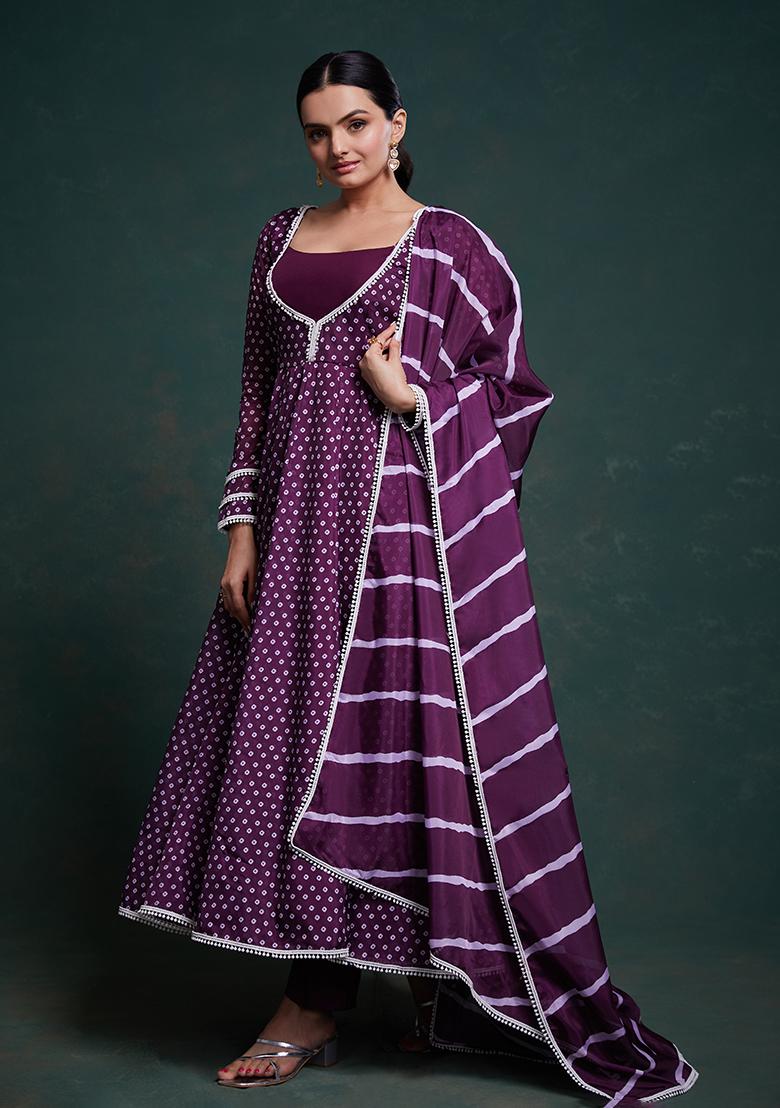 Wine Embroidered Crepe Salwar Kameez With Dupatta - Indya
