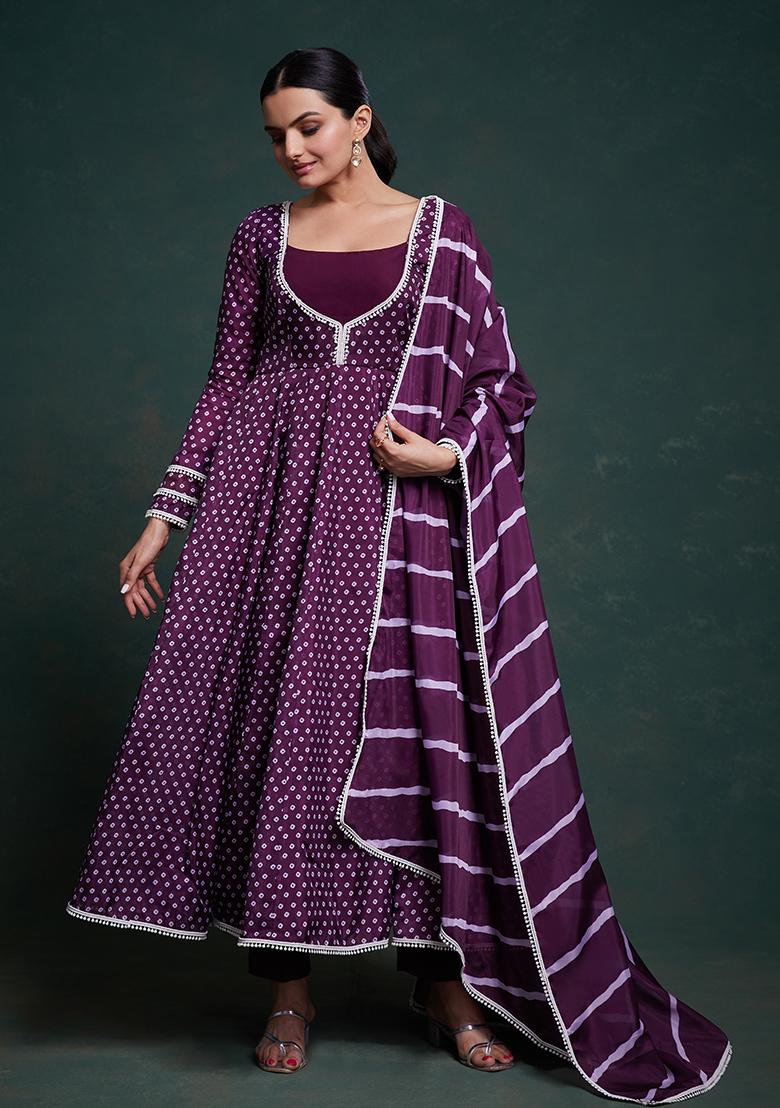 Wine Embroidered Crepe Salwar Kameez With Dupatta - Indya