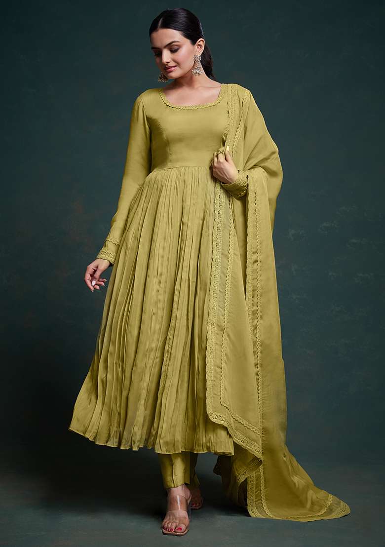 Green Embroidered Organza Anarkali Set - Indya