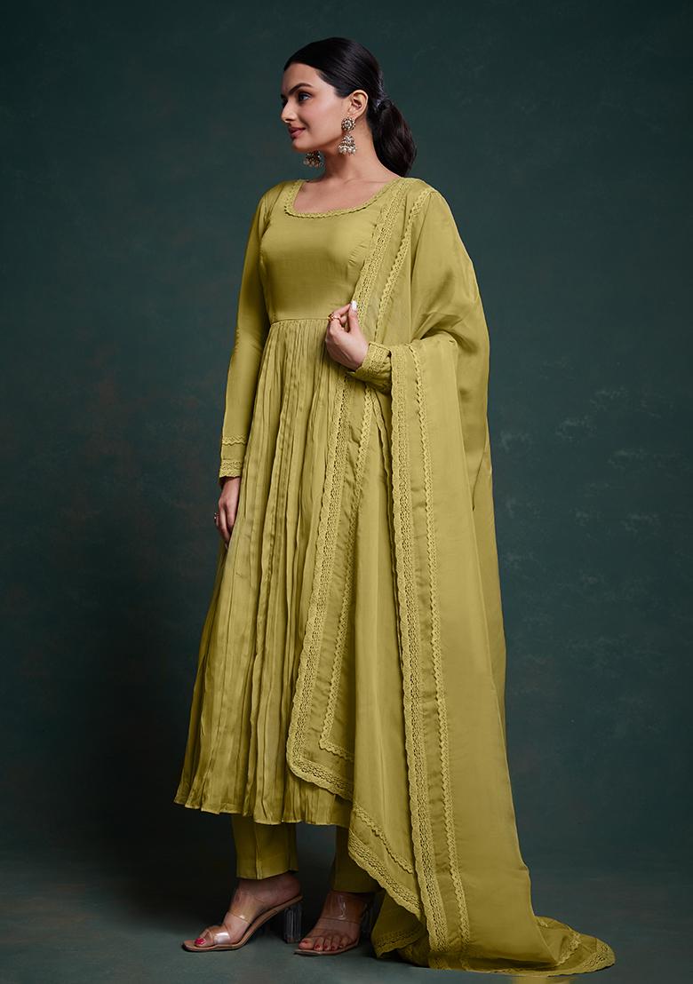 Green Embroidered Organza Salwar Kameez With Dupatta - Indya