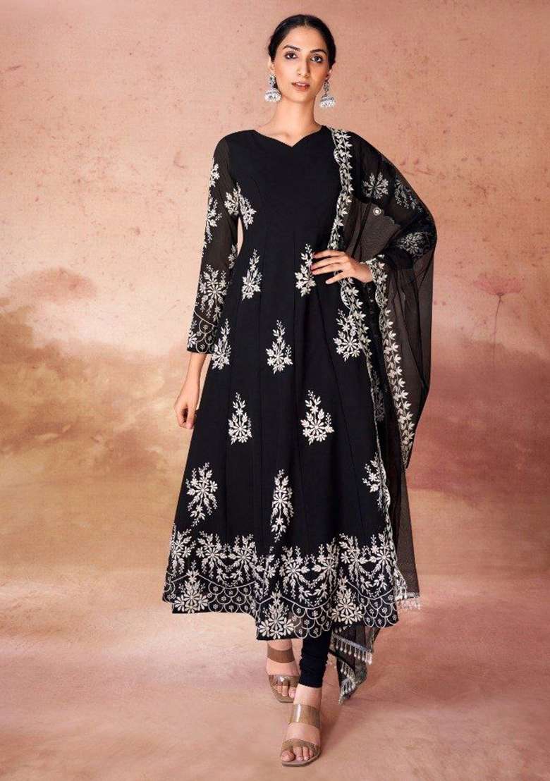 Black Embroidered Georgette Anarkali Set - Indya