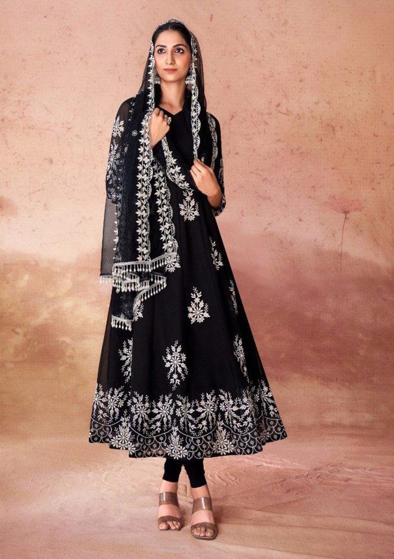 Black Embroidered Georgette Salwar Kameez With Dupatta - Indya