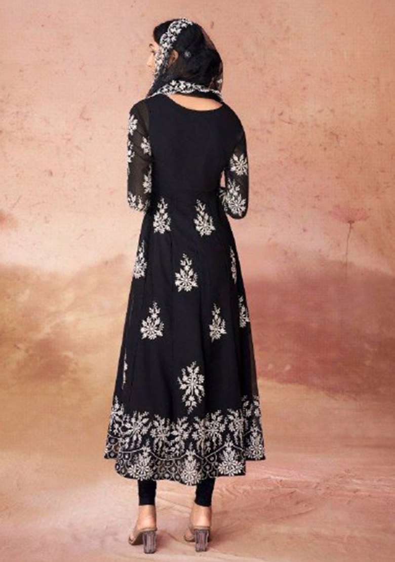 Black Embroidered Georgette Anarkali Set - Indya