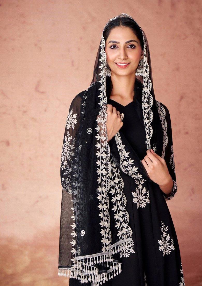 Black Embroidered Georgette Salwar Kameez With Dupatta - Indya