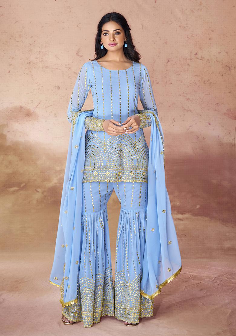Blue Embroidered Georgette Sharara Set With Dupatta - Indya