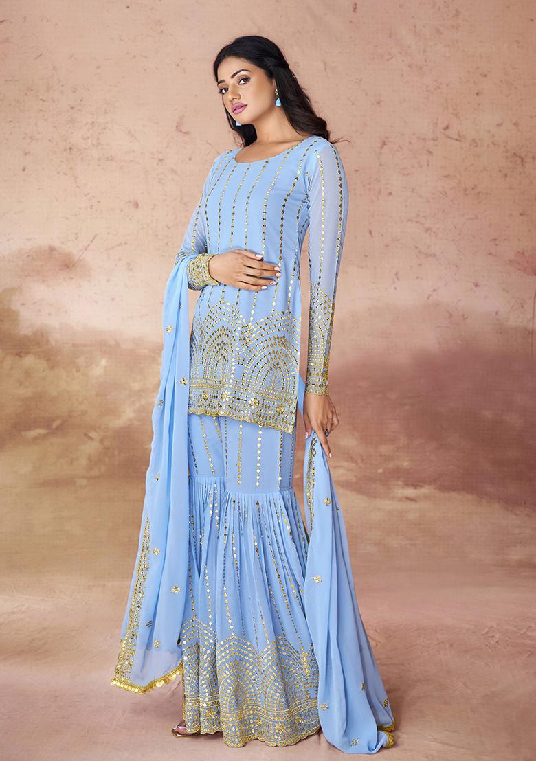 Blue Embroidered Georgette Sharara Set With Dupatta