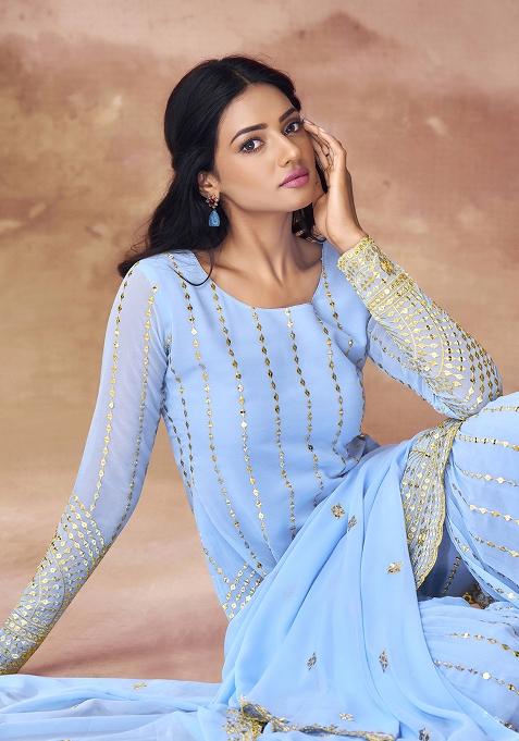 Blue Embroidered Georgette Sharara Set With Dupatta