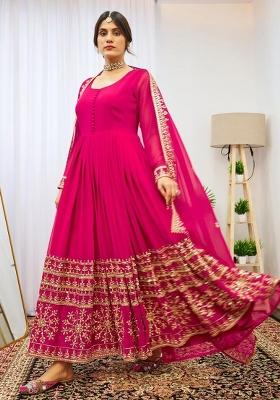 Pink Embroidered Georgette Gown With Dupatta