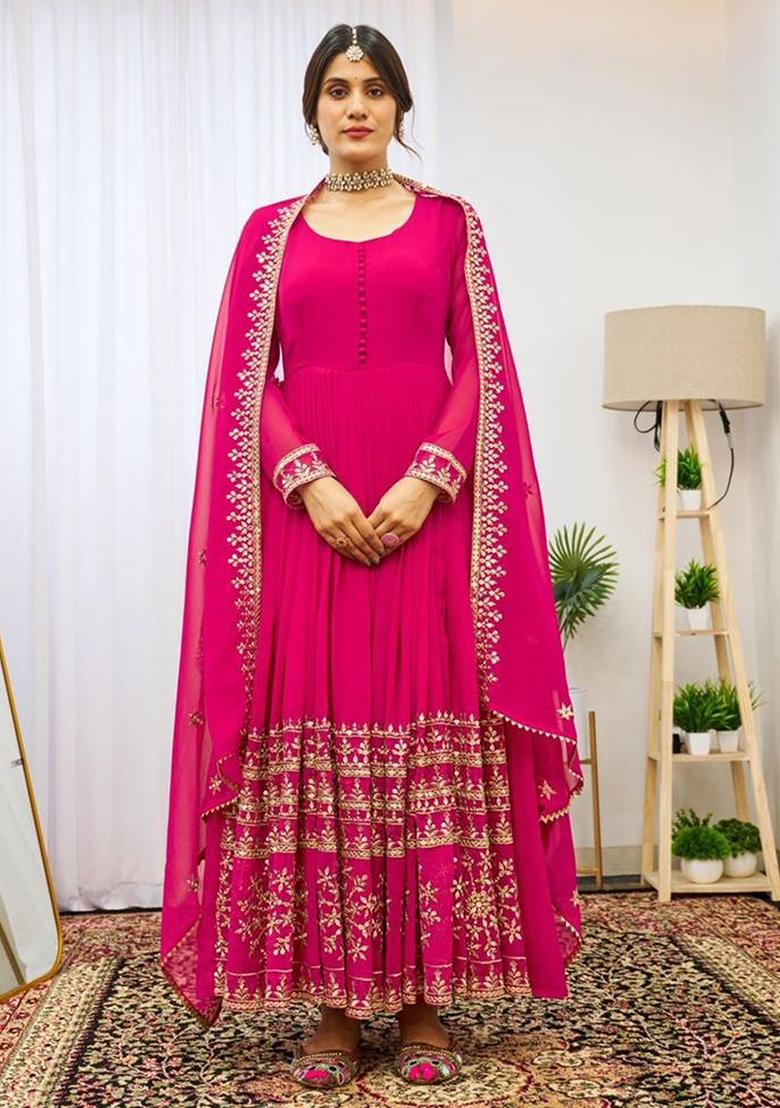 Pink Embroidered Georgette Gown With Dupatta - Indya