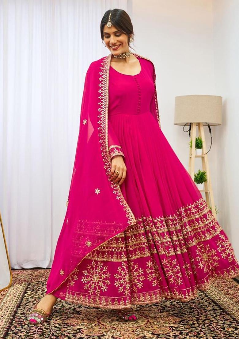 Pink Embroidered Georgette Gown With Dupatta - Indya