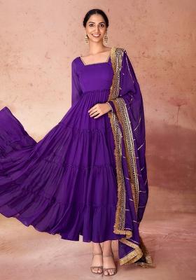 Wine Embroidered Georgette Gown With Dupatta