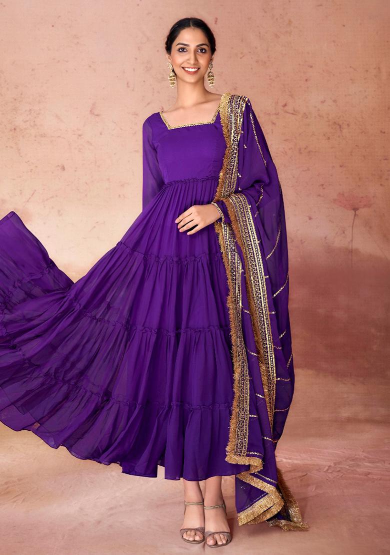 Wine Embroidered Georgette Gown With Dupatta