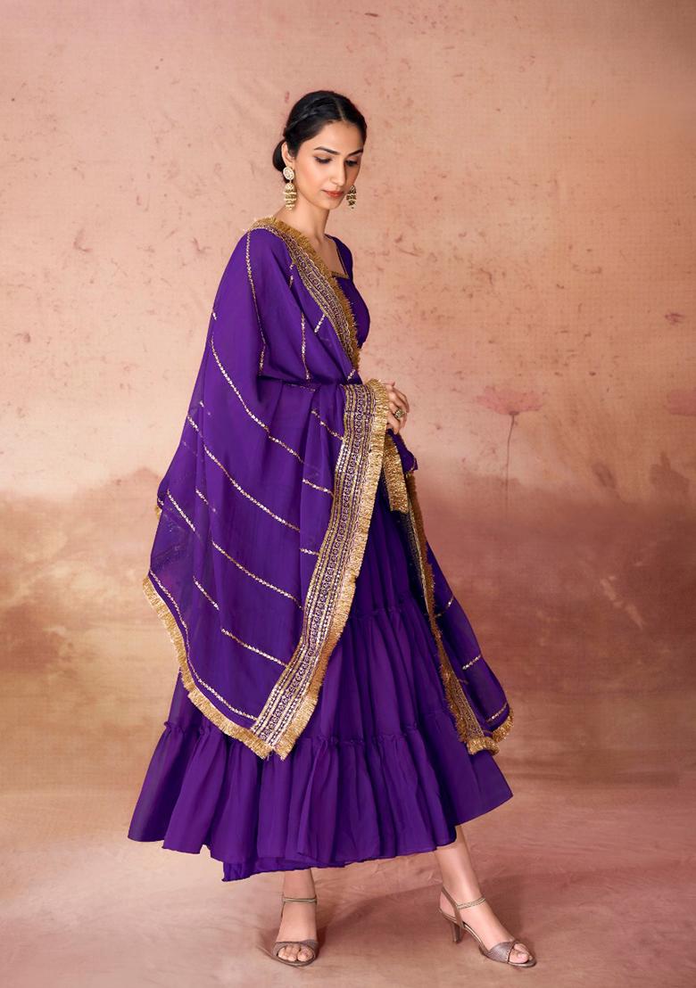 Wine Embroidered Georgette Gown With Dupatta