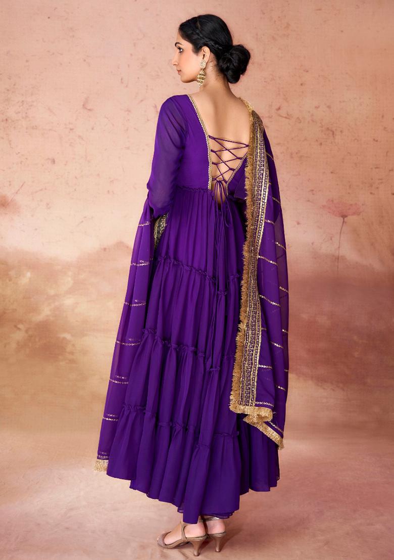 Wine Embroidered Georgette Gown With Dupatta