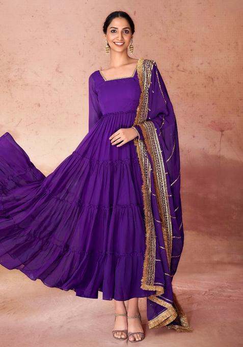 Wine Embroidered Georgette Gown With Dupatta