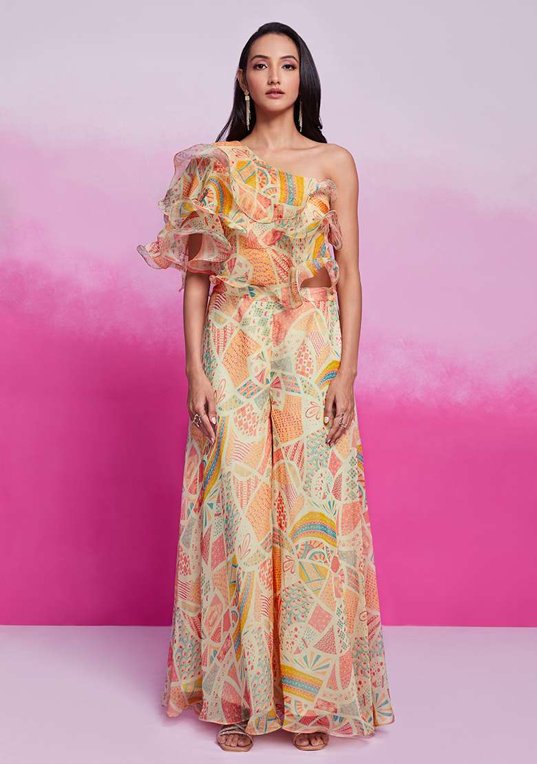 White Printed Organza Co Ord Set - Indya