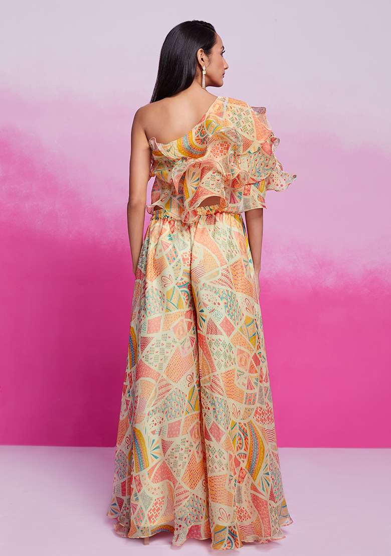 White Printed Organza Co Ord Set - Indya