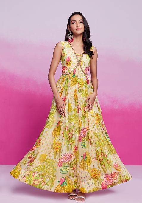 Yellow Embroidered Organza Gown
