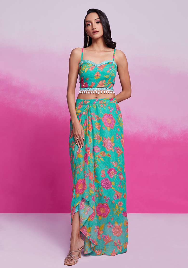 Blue Floral Print Georgette Co Ord Set - Indya