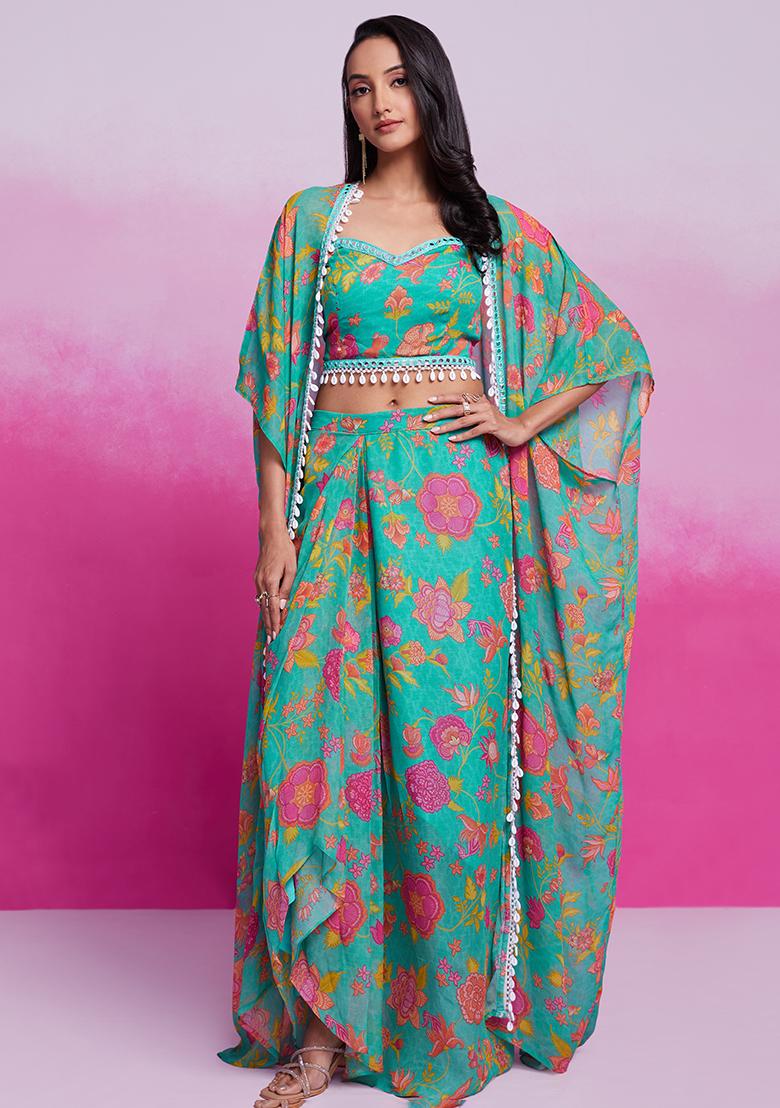 Blue Embroidered Georgette Kurta Set With Jacket - Indya