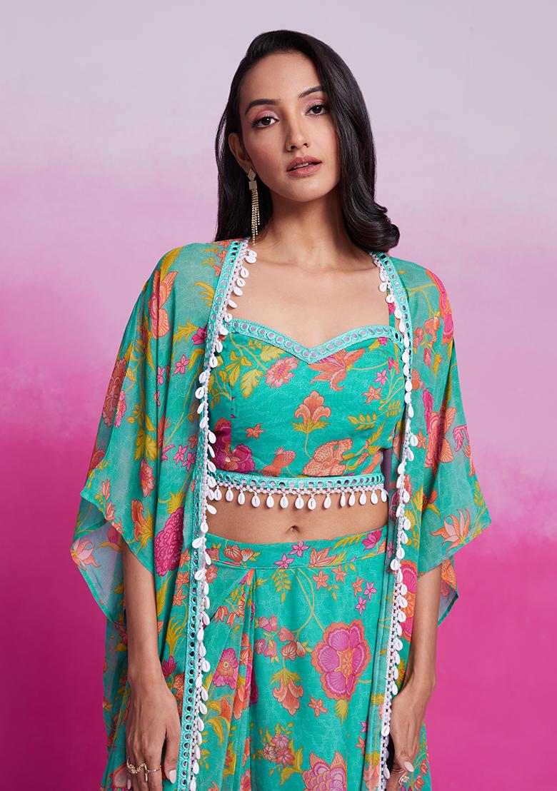 Blue Embroidered Georgette Kurta Set With Jacket - Indya