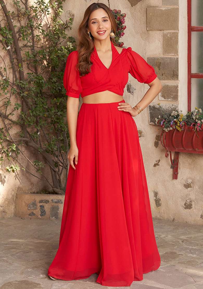 Red Solid Georgette Co Ord Set - Indya