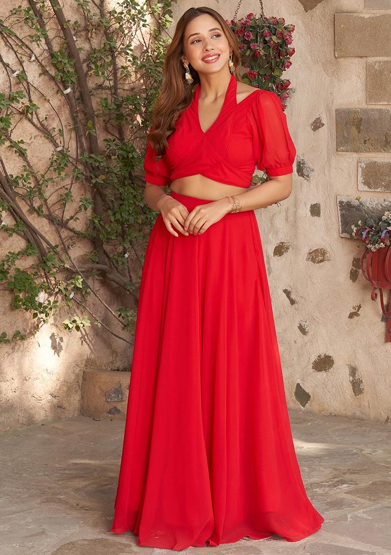 Red Embroidered Georgette Salwar Kameez - Indya