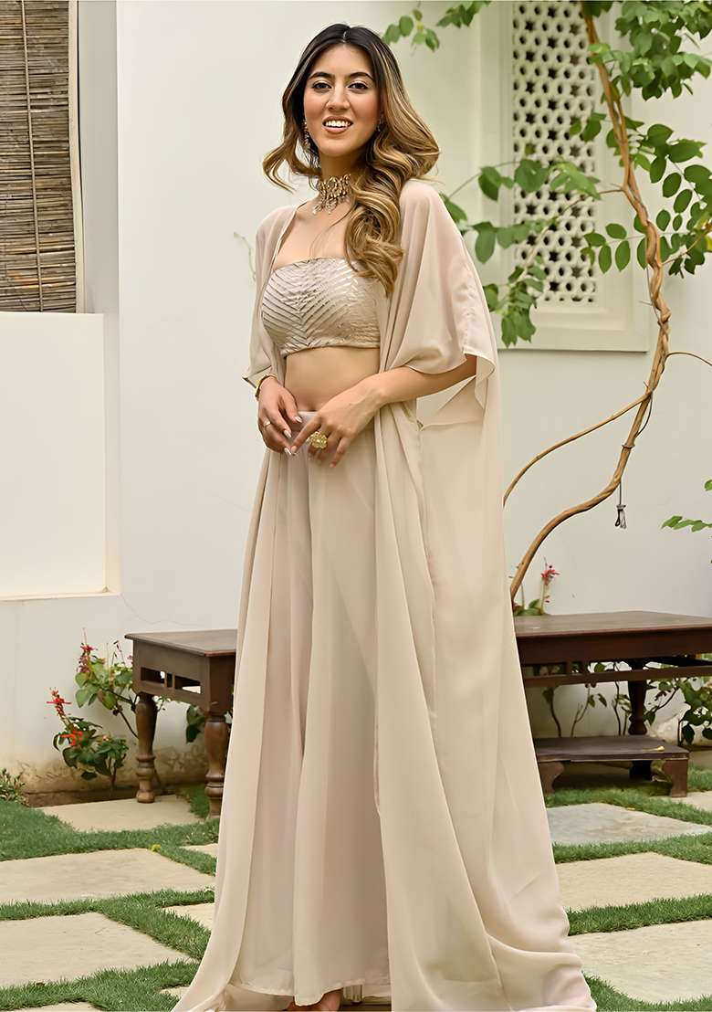 Beige Sequin Work Georgette Co Ord Set - Indya