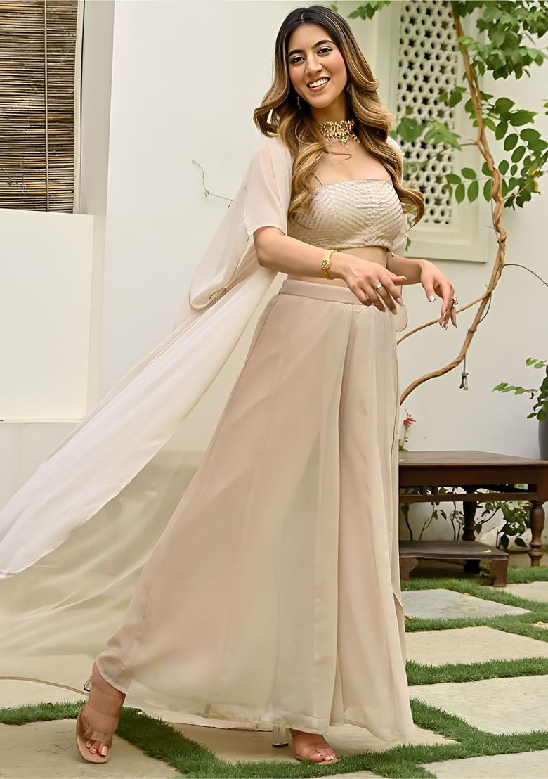 Beige Embroidered Georgette Plazoo Set - Indya